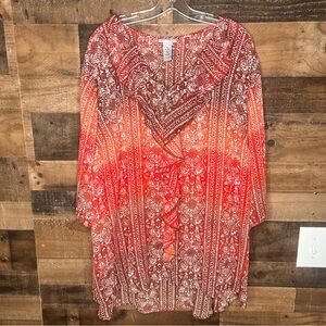 Catherines Plus Size 1X 18/20 Top Ombre Ruffle Boho Shirt Blouse V Neck Orange